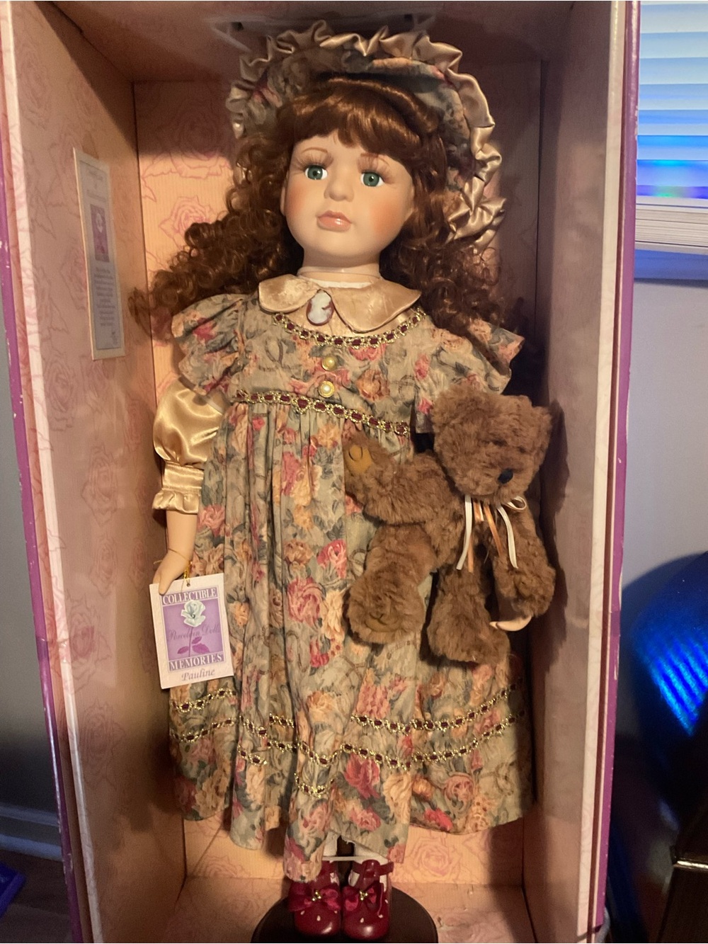 Express Porcelain Doll in Floral Cream and Pink Dress with Brown Teddy